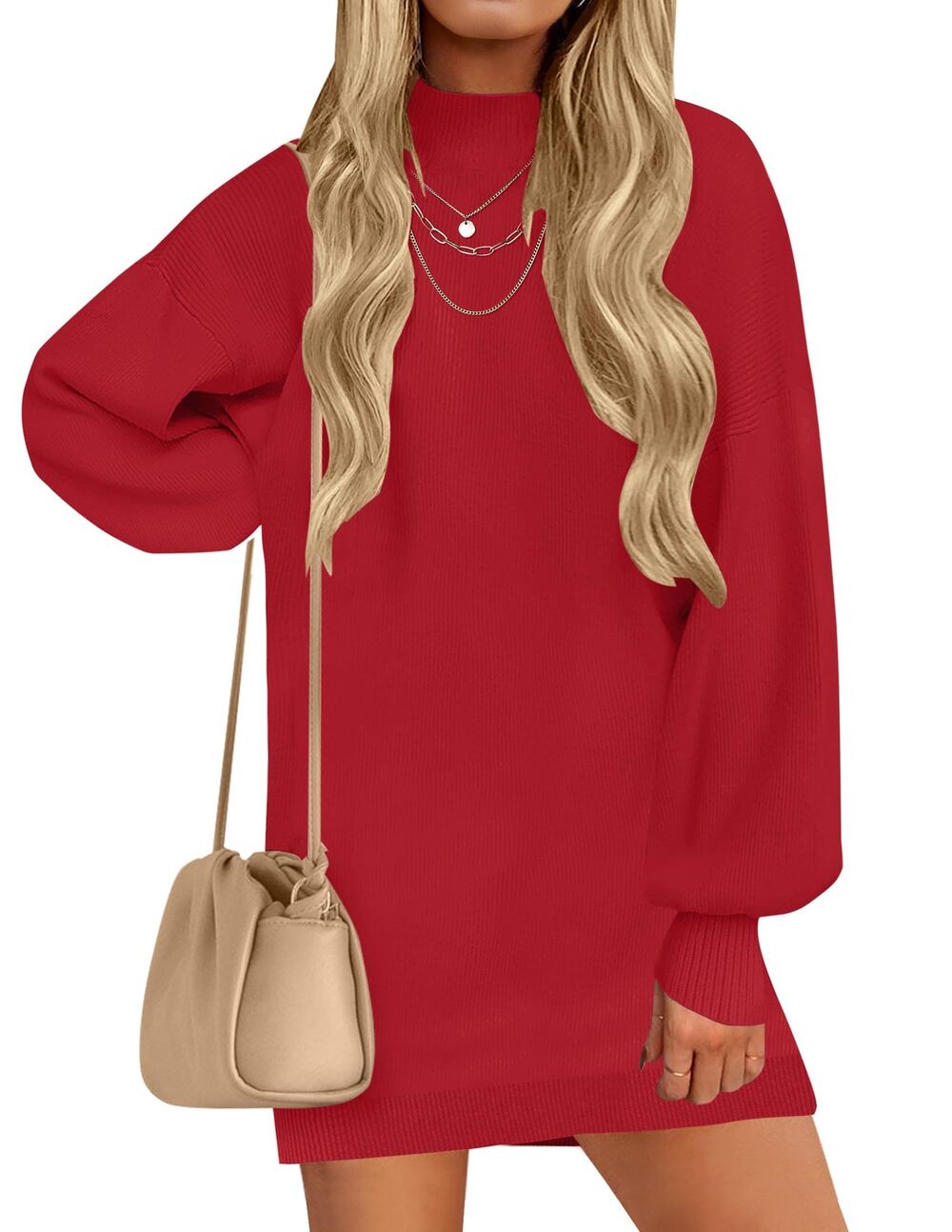 Oversized Long Lantern Sleeve Casual Knit Mini Dress, MEDIUM, 6E-176D002